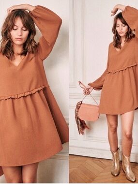 Sezane Penelope Hazelnut Long Sleeve Dress 34 US 4 D01